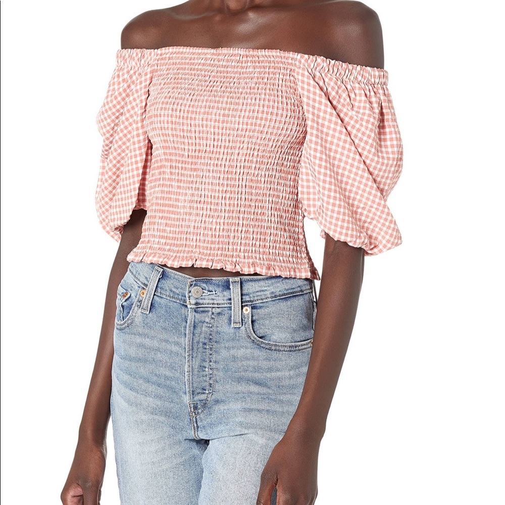 BB Dakota Pink Gingham Off-Shoulder Blouse